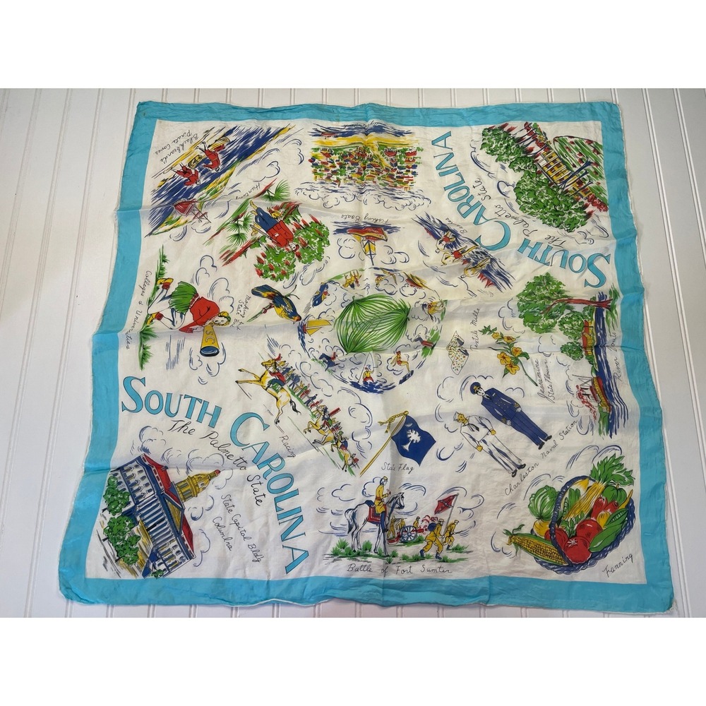 Vintage Hadson South Carolina Souvenir Scarf Rayon Hand Rolled Fanning Art Blue